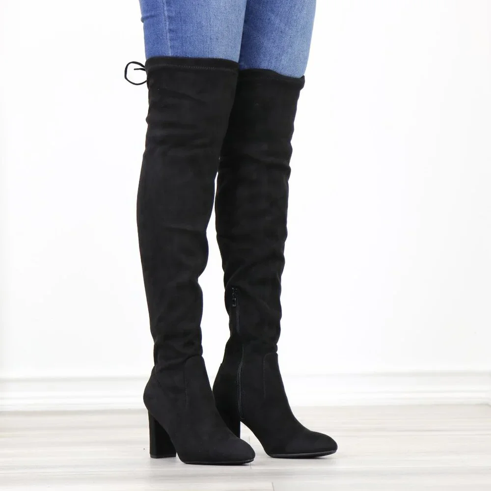 Black Over The Knee Boots Lace Up Back Side Zip Block Heel Faux Suede